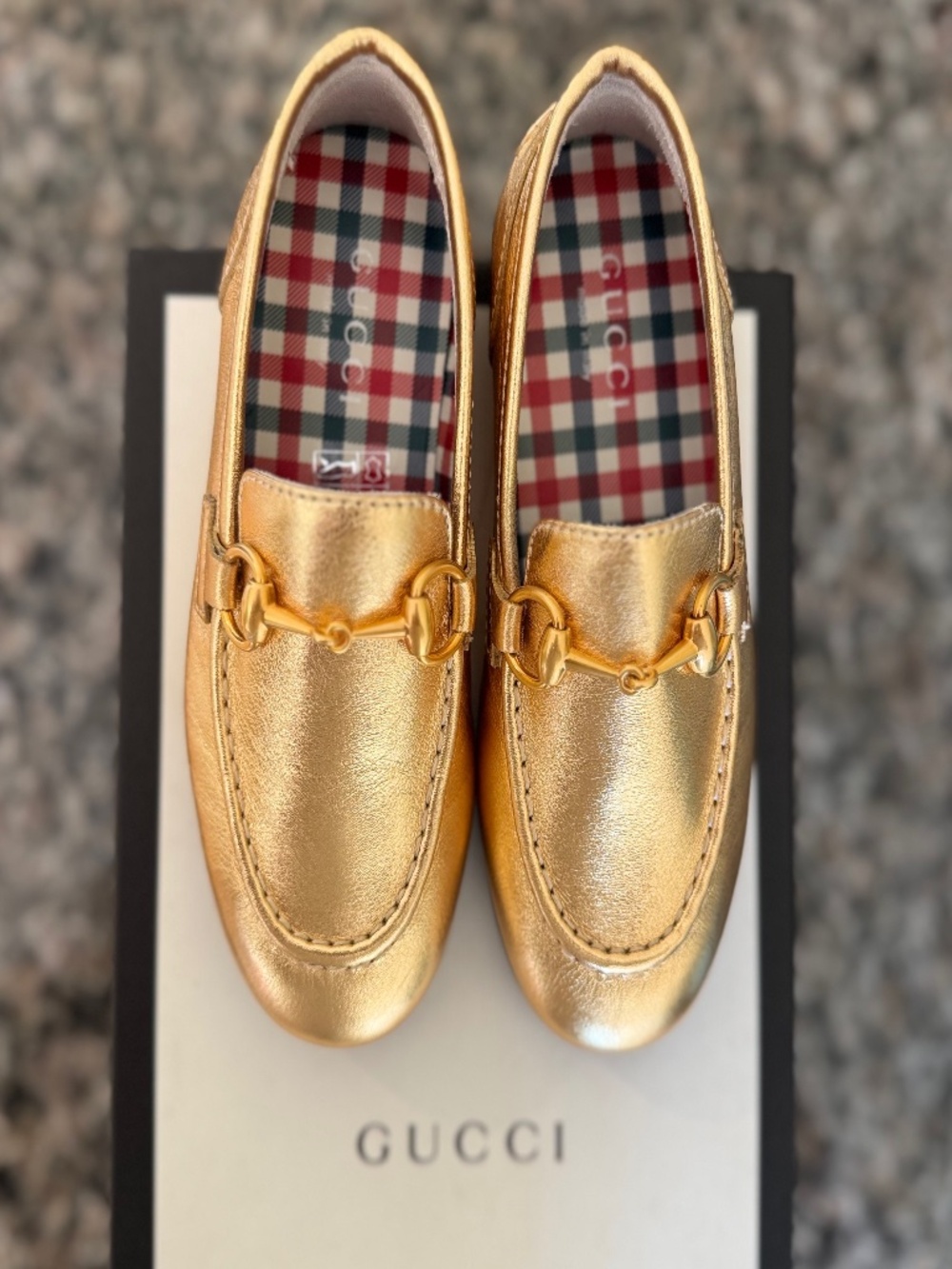 (NIB) GUCCI METALLIC GOLD JORDAAN HORSEBIT LOAFER  — CHILDREN’S SZ. 27 (US 10C)